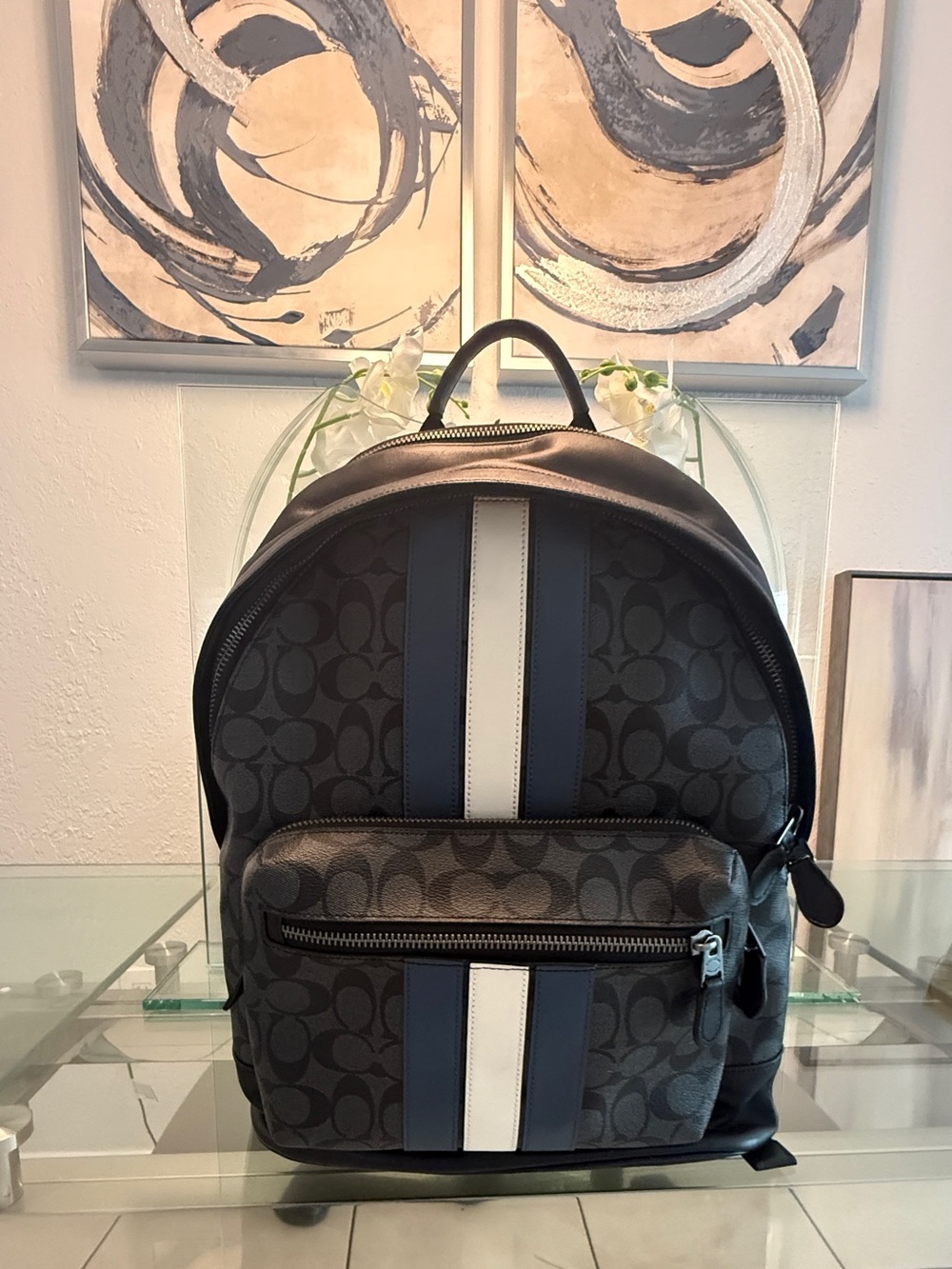 Coach Men's Signature Backpack in Black with Blue & White Stripes